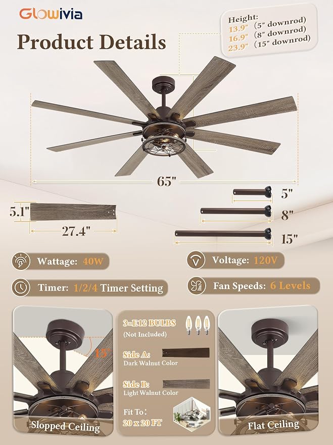 65 Inch Ceiling Fans with Lights, Farmhouse Ceiling Fan with Lights and Remote, Dual Finish 8 Blades Caged Rustic Ceiling Fans with 6 Speed Reversible Motor for Indoor/Covered Outdoor