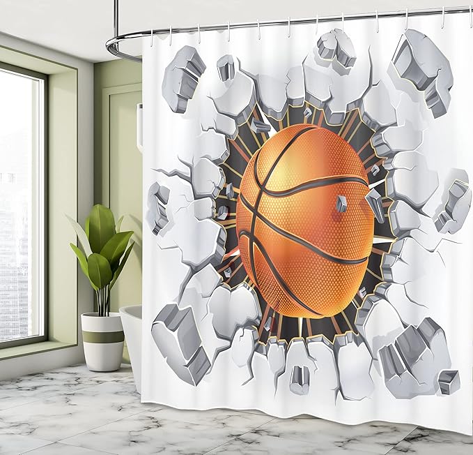 Ambesonne Sports Shower Curtain, Basketball and Old Plaster Concrete Wall Damage Breaking Sports League, Cloth Fabric Bathroom Decor Set with Hooks, 69" W x 84" L, Pale Grey Black Orange