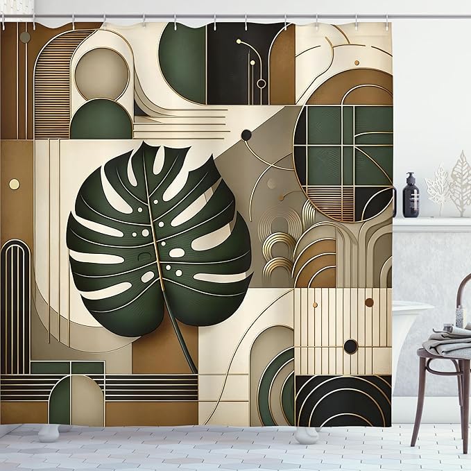 Ambesonne Modern Shower Curtain, Exotic Boho Concept Monstera Leaf with Mid Century Arch Lines Tan Tones, Cloth Fabric Bathroom Decor Set with Hooks, 69" W x 70" L, Hunter Green Eggshell