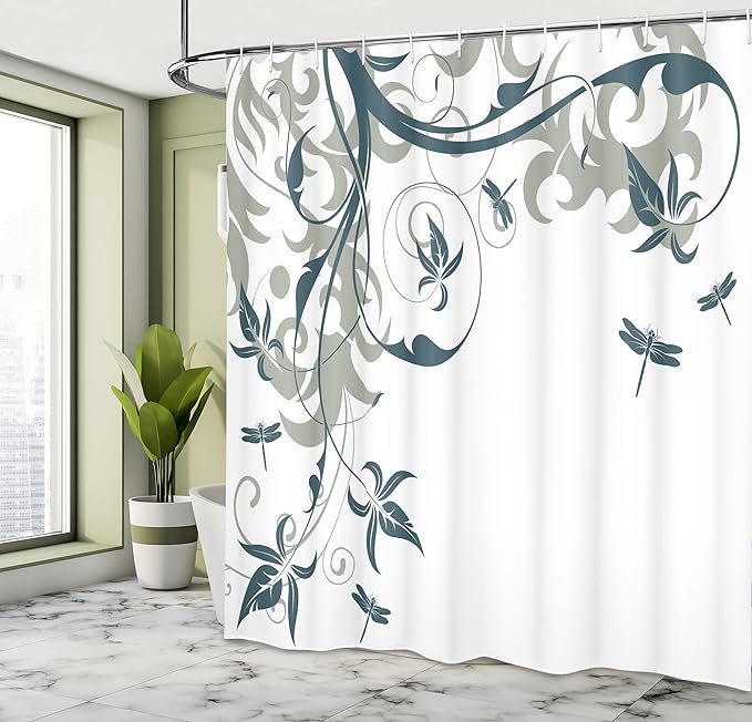 Ambesonne Dragonfly Shower Curtain, Swirled Floral Background Damask Curl Branches and Leaves Print, Cloth Fabric Bathroom Decor Set with Hooks, 69" W x 84" L, Dark Emerald