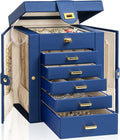 AKOZLIN 6-Tier Jewelry Box Organizer Functional 5 Drawers Leather Jewelry Storage Case for Women Girls Ring Necklace Earring Bracelet Holder Organizer with Mirror Blue Regular