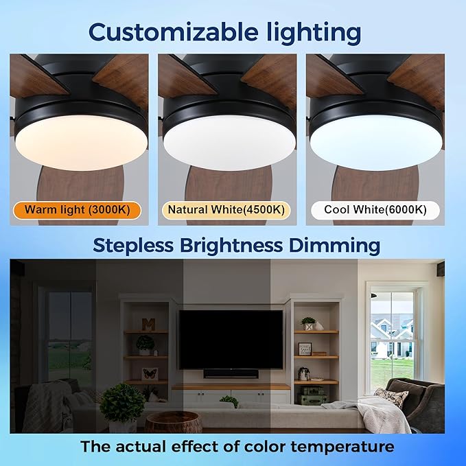 JSAITEE 48" Ceiling Fans with Lights Low Profile - Flush Mount Ceiling Fan with Light and Remote, 6 Wind Speeds Reversible, Quiet, 3CCT Dimmable, Fan Light for Modern Indoor, Bedroom, Kitchen, Brown