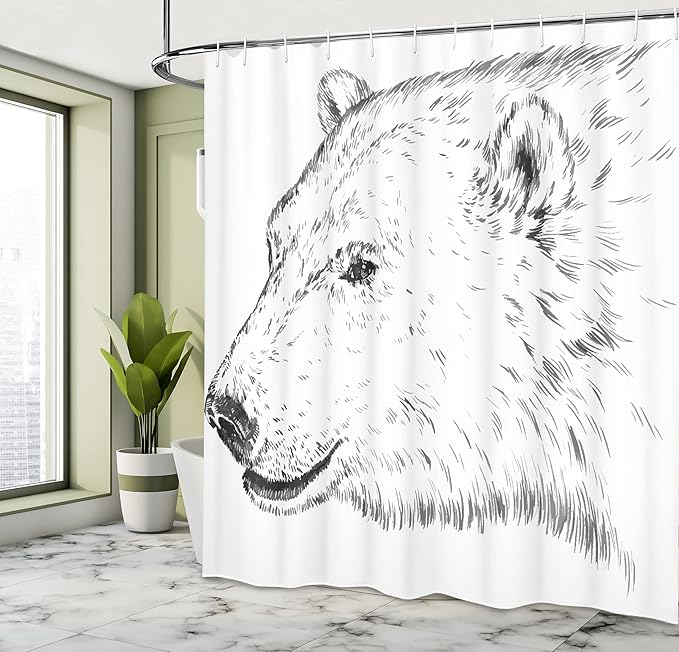 Ambesonne Animal Shower Curtain, Polar Bear Profile Engraved Ink Drawing Grizzly Furry Wildlife in North Zoo, Cloth Fabric Bathroom Decor Set with Hooks, 69" W x 70" L, Charcoal Grey White