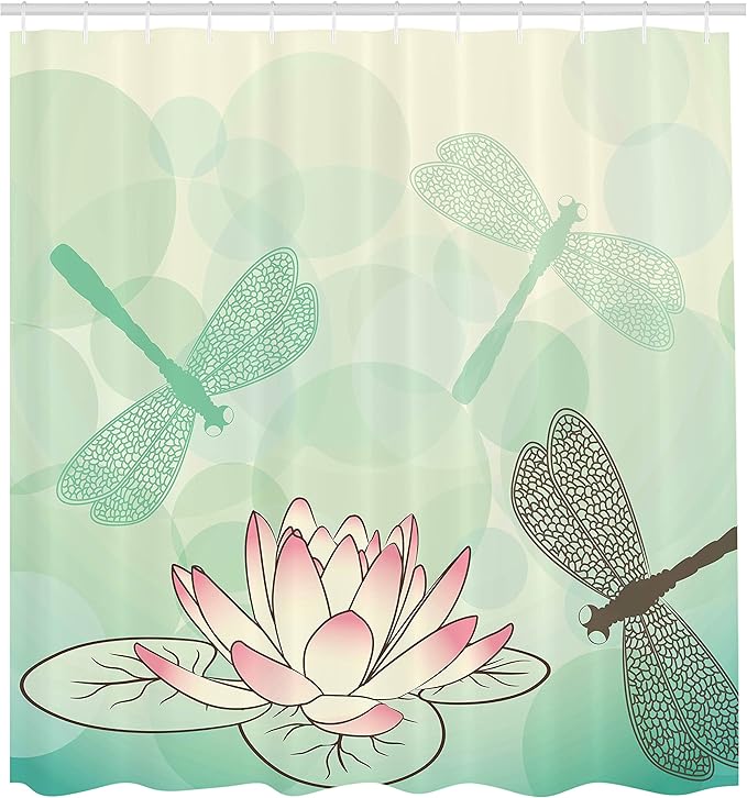 Ambesonne Lotus Flower Shower Curtain, Exotic Blossom Pinkish Petals Water Lily and Dragonflies on Pale Backdrop, Cloth Fabric Bathroom Decor Set with Hooks, 69" W x 70" L, Seafoam Ivory