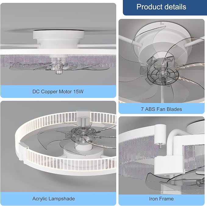 Garwarm Ceiling Fans with Lights，20IN Ultra Low Profile Ceiling Fan with Light and Remote, Dimmable 3000K–6000K LED Fandelier Flush Mount, DC Motor, for Bedroom, Kitchen, Office