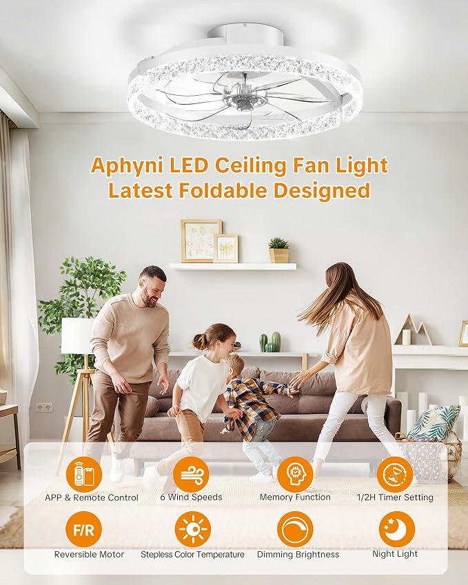 Ceiling Fans with Lights and Remote, Low Profile Ceiling Fan, Morden Flush Mount LED Fan Light, 3000K-6500K Dimmable for Bedroom, Kitchen, Living Room, Srystal, White