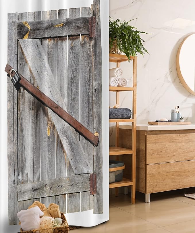 Ambesonne Rustic Stall Shower Curtain, Aged Wood Barn Door with Rusty Crossed Locks Abandoned Western Farmhouse Design, Fabric Bathroom Decor Set with Hooks, 36" W x 72" L, Brown