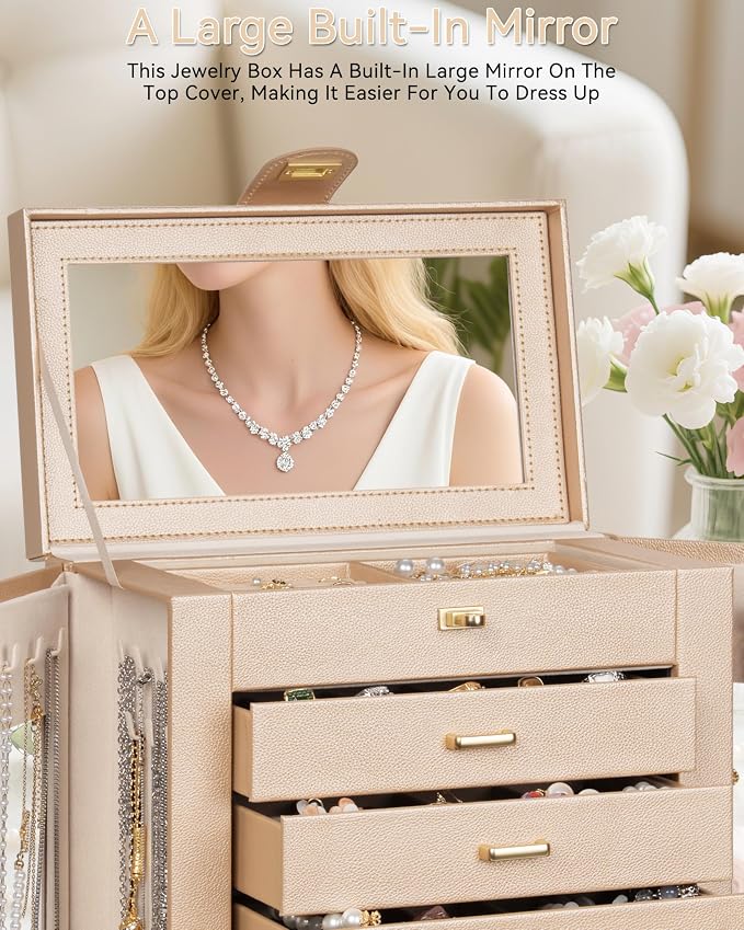 AKOZLIN 6-Tier Jewelry Box Organizer Functional 5 Drawers Leather Jewelry Storage Case for Women Girls Ring Necklace Earring Bracelet Holder Organizer with Mirror XL Champagne 360° Rotating