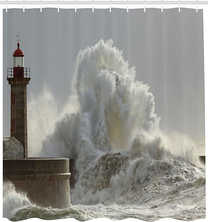 Ambesonne Lighthouse Shower Curtain, Big Waves in a Sunny Storm of Portuguese by The North Coast Catastrophe and Disaster Picturesque, Cloth Fabric Bathroom Set with Hooks, 69" W x 75" L, Grey White