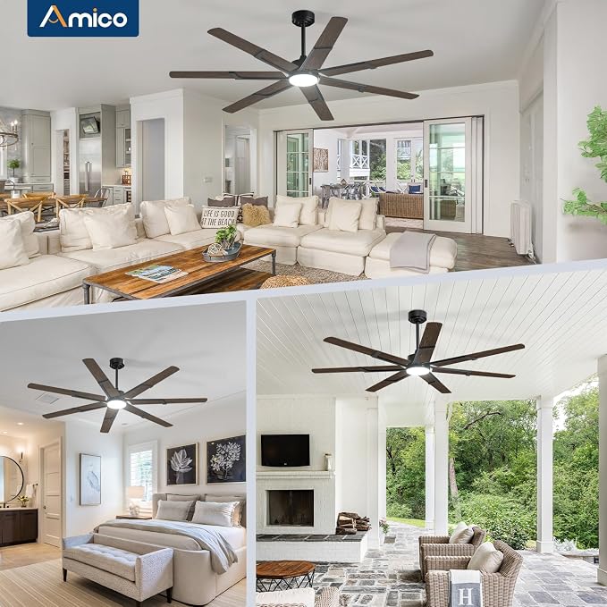 Amico Ceiling Fans with Lights,66 inch Walnut Ceiling fan with Light and Remote, 6 Speed Reversible DC Motor, 3CCT, Dimmable, Quiet, Timer, Outdoor Ceiling Fans for Patios, Indoor/Outdoor