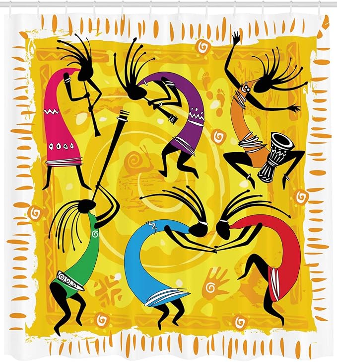 Ambesonne Ethnic Shower Curtain, Dancing and Playing Ethno Music Instruments on Tribal Pattern Artwork, Cloth Fabric Bathroom Decor Set with Hooks, 69" W x 75" L, Purple Yellow and Black