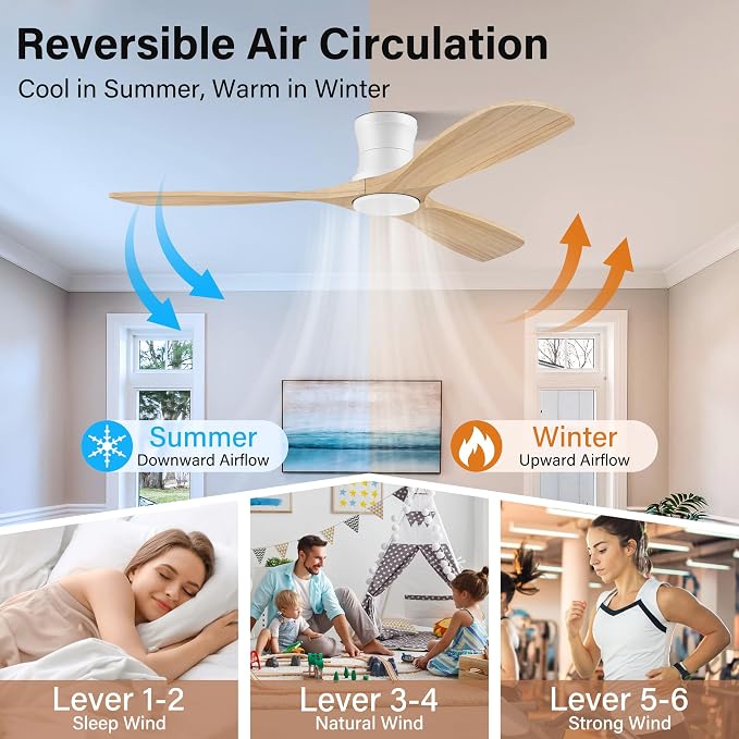 52" Flush Mount Ceiling Fans with Lights and Remote,6 Speeds DC Reversible,Dimmable,Noiseless,White& Light Wood blades Low Profile Ceiling Fans for Bedroom Living Room Patio,Modern Indoor/Outdoor