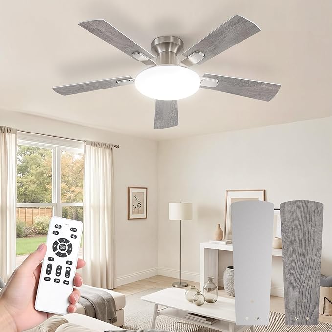 42 Inch Ceiling Fan with Lights and Remote, 30W 12" LED Panel Flush Mount Ceiling Fan, 6-Speed Quiet DC Motor Modern Low Profile Ceiling Fan with Reversible Blades for Bedroom, Living Room, Patio