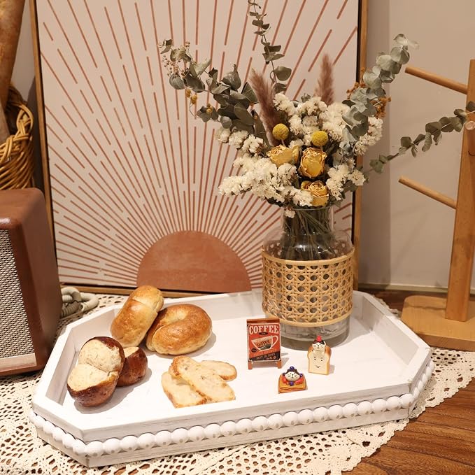 Hrastany Whitewashed Wood Serving Tray with Beads, Farmhouse Decorative Tray for Table Centerpiece, Christmas Wedding Halloween Home Decor