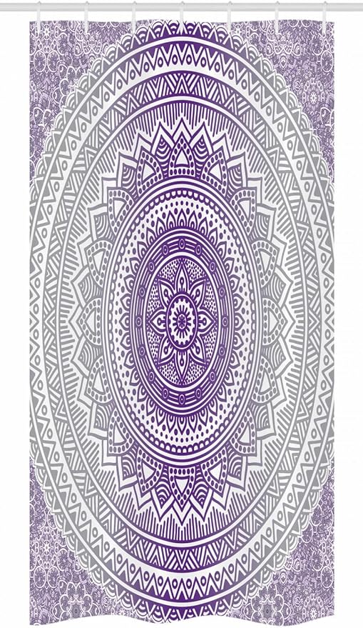 Ambesonne Grey and Purple Stall Shower Curtain, Eastern Traditional of Cosmos Pattern Boho Ombre Mandala Design Print, Fabric Bathroom Decor Set with Hooks, 36" W x 72" L, Purple White