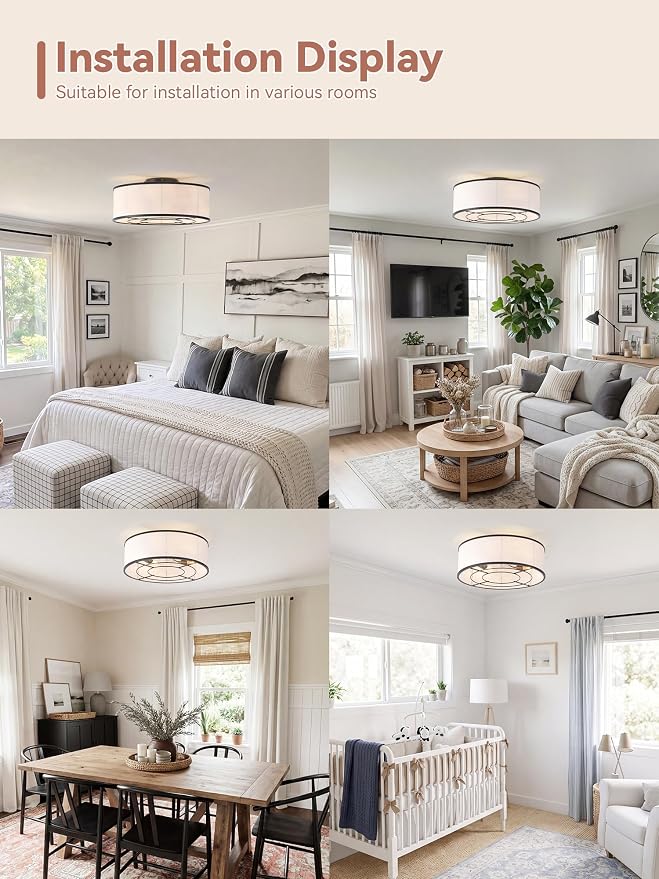 Low Profile Ceiling Fans with Lights, 20" Black Boho Ceiling Fan with Light Flush Mount and Remote Control, Drum Caged with 6 Speeds for Bedroom, Nursery, Living Room