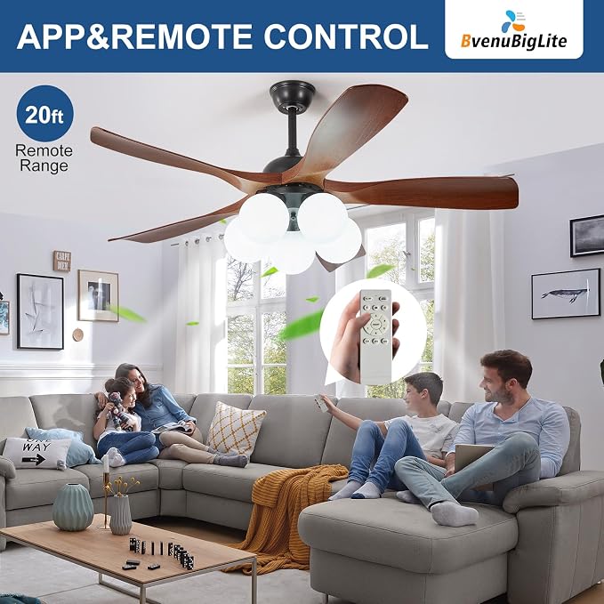 Ceiling Fans with Lights and Remote: 46-Inch Ceiling Fan 5 Blades Bubble Low Profile Outdoor - Walnut Ceiling Fans with Remote Control Quiet Reversible DC Motor for Living Room