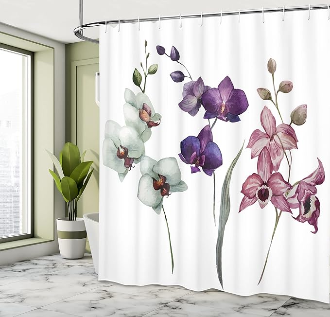 Ambesonne Watercolor Flower Shower Curtain, Different Orchid Flowers on Clear Background Exotic Blooms, Cloth Fabric Bathroom Decor Set with Hooks, 69" W x 70" L, Rose Purple