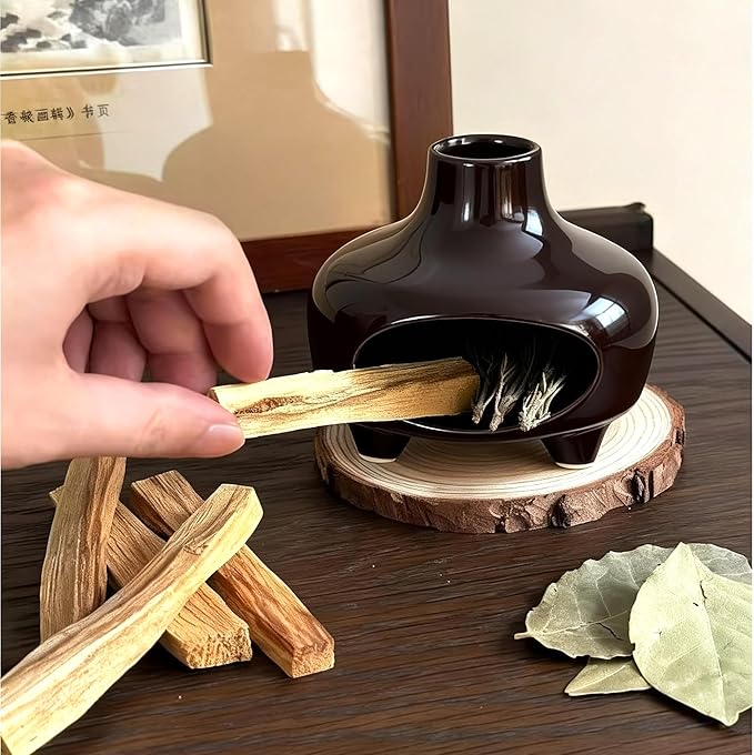 Palo Santo Holder,Ceramic Palo Santo Burner Incense Holder,Black Cone Incense Burner Mini Chiminea Wood Sticks,Ash Catcher,Aromatic Home Decor for Spiritual Rituals,Yoga,Meditation, 4*4*4INCH