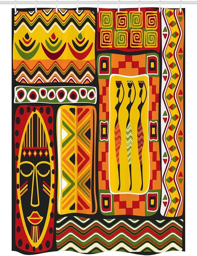 Ambesonne African Stall Shower Curtain, Elements Historical Original Striped and Rectangle Shapes Design, Fabric Bathroom Decor Set with Hooks, 54" W x 78" L, Scarlet Yellow