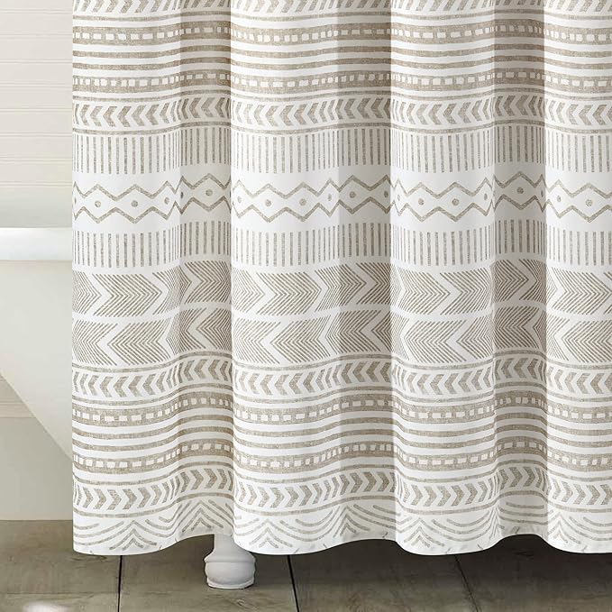 Lush Decor Hygge Geo Shower Curtain, 72" W x 72" L, Taupe/White - Curtain For Bathroom - Striped Bathroom Decor - Netural Color Home Accessories - White Home Accessories - Geometric Scandinavian Print