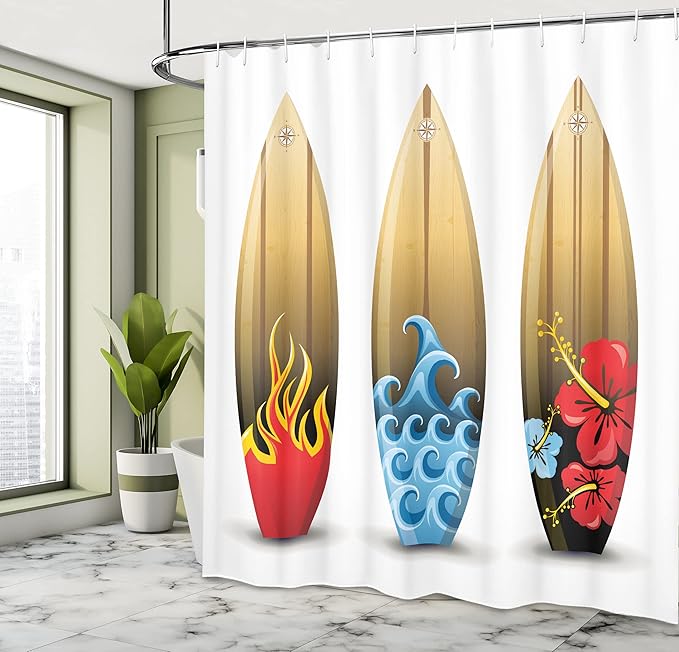 Ambesonne Surfboard Shower Curtain, 3 Colorful Woored Surf Boards Floral Sea Themed Relaxation Summer, Cloth Fabric Bathroom Decor Set with Hooks, 69" W x 75" L, Beige Blue