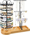 Jewelry Organizer Stand with Bamboo Base, Metal Rotating Earring Holder Organizer, Multi-Functional Adjustable Necklace Holder Rack Bracelet Watch Holder for Jewelry Earrings Ring