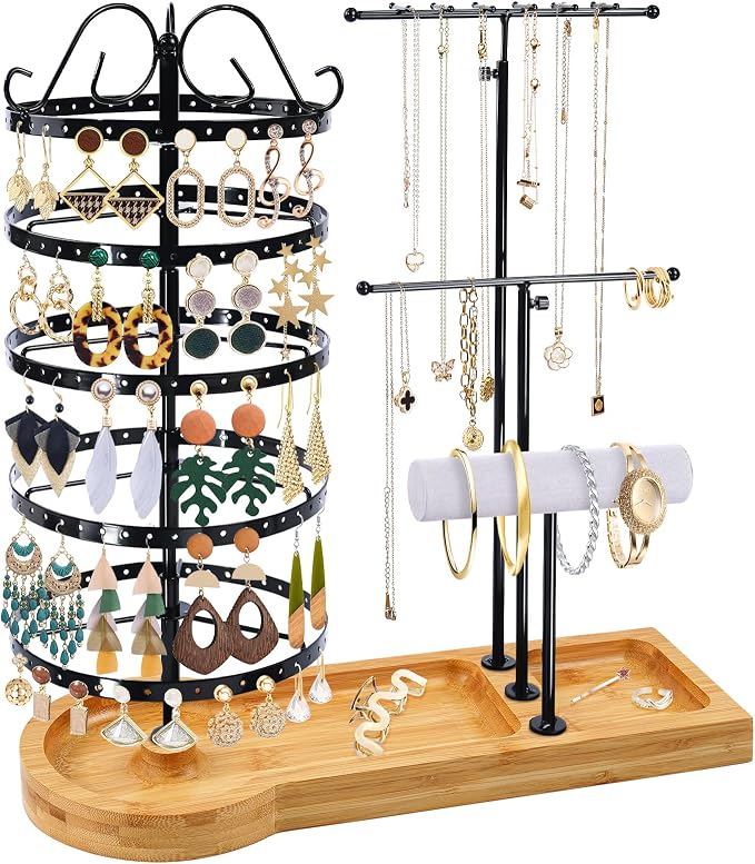 Jewelry Organizer Stand with Bamboo Base, Metal Rotating Earring Holder Organizer, Multi-Functional Adjustable Necklace Holder Rack Bracelet Watch Holder for Jewelry Earrings Ring