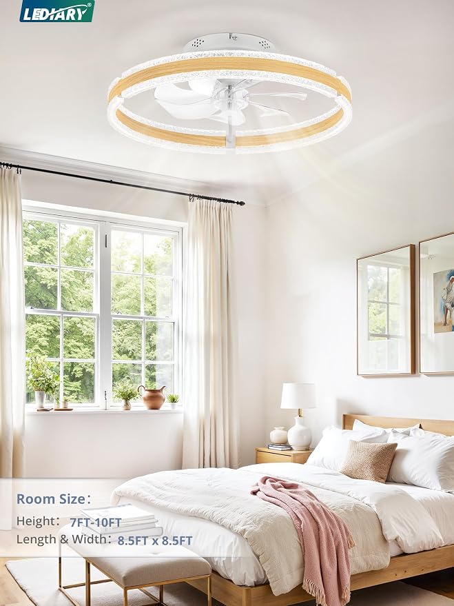 LEDIARY Ceiling Fans with Lights and Remote, 20'' Low Profile Ceiling Fan with Light, 3000-6000K Dimmable Fandelier Ceiling Fans, Modern Flush Mount Fan Light for Bedroom with 6 Wind Speeds-Wood Grain