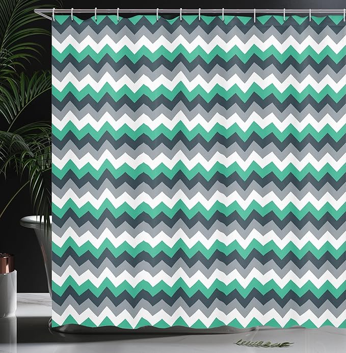 Ambesonne Chevron Shower Curtain, Zig Zag Symmetric Arrows Striped Pattern in Vibrant Color Artisan Print, Cloth Fabric Bathroom Decor Set with Hooks, 69" W x 70" L, Jade Green Grey White