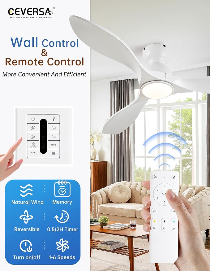 52 Inch Flush Mount Ceiling Fans with Lights and Remote,White Low Profile Ceiling Fan with Light,3 Blade,Dimmable,Quiet Noiseless DC Motor for Patios,Living Room,Bedroom(Wall Control Switch)