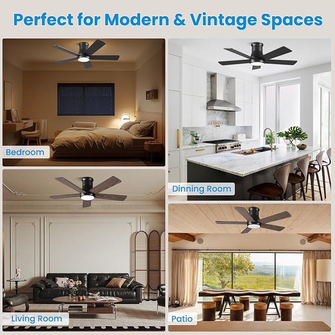 42 Inch Low Profile Ceiling Fan with Light, Black Ceiling Fans with Lights and Remote, Flush Mount, 6 Speeds Reversible Quiet DC, 3CCT Dimmable, Indoor Outdoor Ceiling Fans for Patios Bedroom