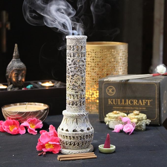 Carry Me Marble Soapstone Incense Stick Holder | Candle Burner | Tea Light Stand - Perfect Handmade Bottle Tower. Decorative Floral Carving for Gifting - Home and Office Decor - (3x3x10.5 Inches)