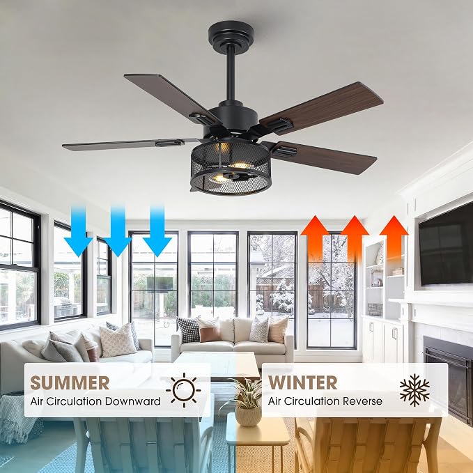 42" Farmhouse Ceiling Fan with Light and APP & Remote Control, 6-Speed Reversible Quiet DC Motor, Black Industrial Rustic Caged Ceiling Fan for Bedroom Apartment Patio, Timing Function