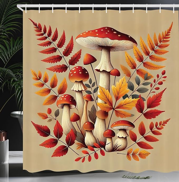 Ambesonne Fall Shower Curtain, Mushrooms and Autumn Leaves on Dark Tan Background Warm Woodland Colors, Cloth Fabric Bathroom Decor Set with Hooks, 69" W x 84" L, Vermilion and Marigold