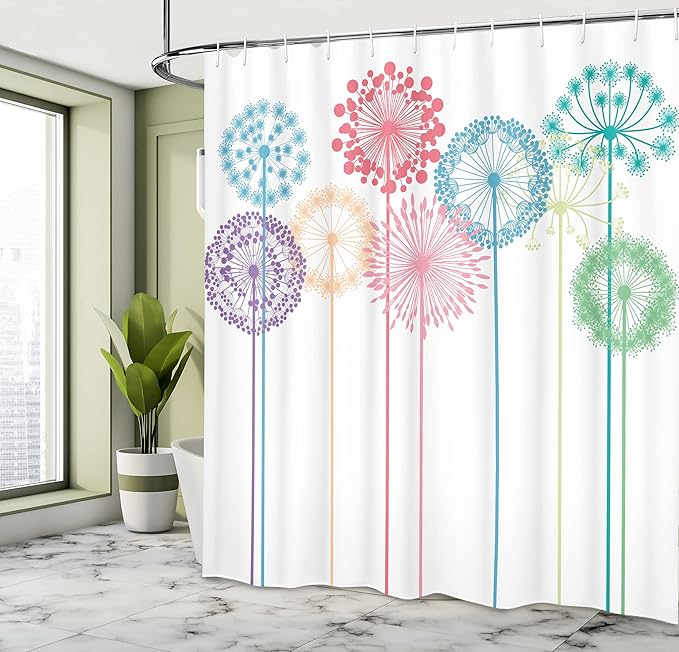 Ambesonne Floral Shower Curtain, Flower Inspired Artwork Colorful Dandelions on White Background Illustration Print, Cloth Fabric Bathroom Decor Set with Hooks, 69" W x 84" L, Dark Indigo