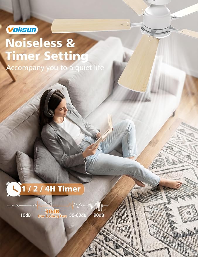 VOLISUN 52 Inch Ceiling Fan with Lights Flush Mount, Low Profile Ceiling Fans with Lights, Remote&APP Control,Dimmable 22W LED Light,Queit&Reversible Fan, White Ceilings Fans for Bedroom, Living Room