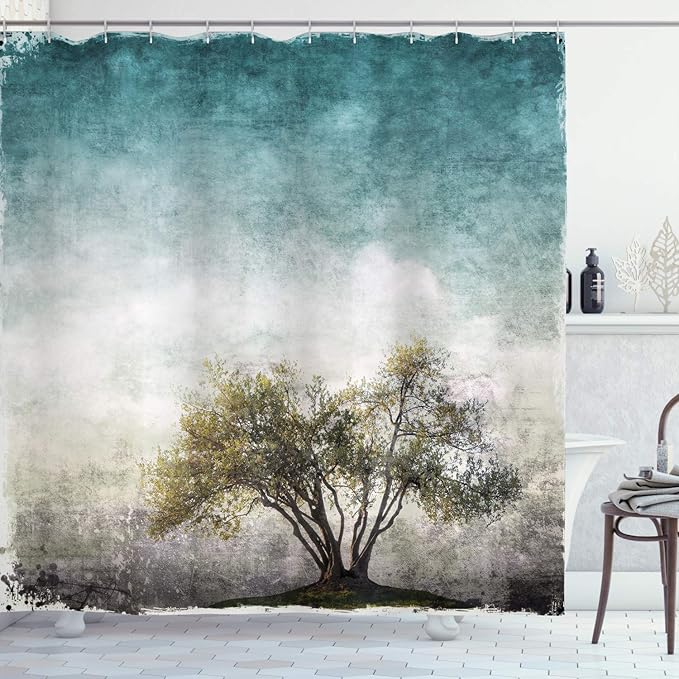 Ambesonne Tree of Life Shower Curtain, Grunge Landscape with Single Tree and Retro Background Rustic Print, Cloth Fabric Bathroom Decor Set with Hooks, 69" W x 84" L, Cream Green