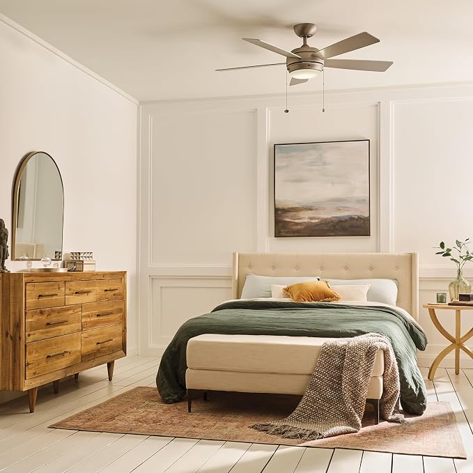 Kichler Starkk 52" Ceiling Fan with LED Lights in Brushed Nickel, 5-Blade Traditional Fan with reversible Silver/Walnut blades, 3000K, (52" W x 13.75" H), 330174NI
