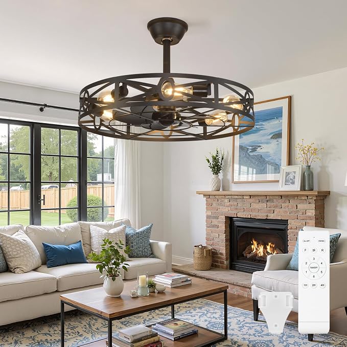 Depuley Caged Ceiling Fans with Light: 24-Inch Black Metal Enclosed Farmhouse Fandelier for Kitchen Bedroom - Industrial Semi Flush Mount Ceiling Fan with Remote 6 Speeds Reversible Motor Timer