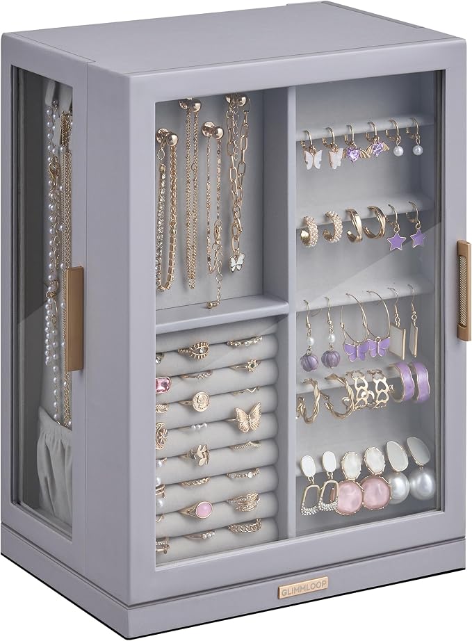 Glimmloop 360° Rotating Jewelry Box with 7 Drawers, Spacious Vertical Jewelry Organizer with Glass Window, Jewelry Storage Case, Dustproof & Moisture-resistant Design, Grey