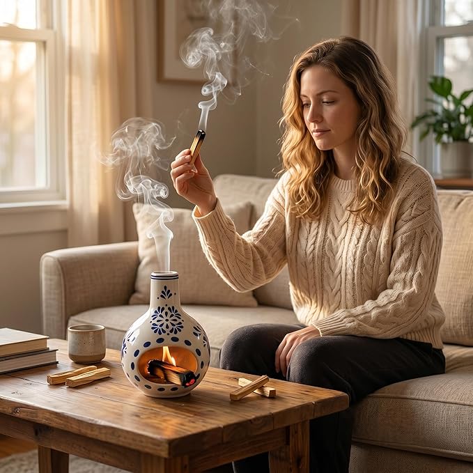Ceramic Palo Santo Holder, Vintage Porcelain Incense Burner & Sage Smudge Bowl for Cleansing, Meditation Altar Decor for Yoga Studio for Sticks and Wood