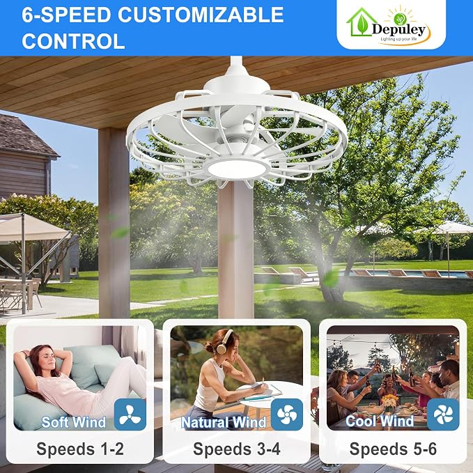 Depuley Gazebo Fans Outdoor Hanging: 20 Inch White Plug In Caged Outdoor Fan with Light and APP Remote Control - Waterproof Ceiling Fan for Patio Porch Pergola Reversible DC Motor