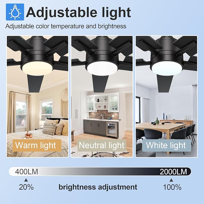 60 Inch Black Ceiling Fan with Light and Remote Control,Dimmable 3 Color Temperatures LED Ceiling Fan,6 Speeds Reversible DC Motor,5 Blades Modern Ceiling Fans for Indoor or Covered Outdoor