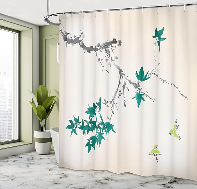 Ambesonne Japanese Shower Curtain, Cherry Blossom Sakura Tree Branches Romantic Spring Themed Watercolor Picture, Cloth Fabric Bathroom Decor Set with Hooks, 69" W x 75" L, Dark Seafoam