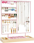 ProCase Jewelry Organizer Stand Earring Holder Organizer, 6 Tiers Earring Organizer Tree Necklace Rack Jewellery Tower Bracelets Holder Storage with Removable Wooden Ring Tray for Women Girls -Pink