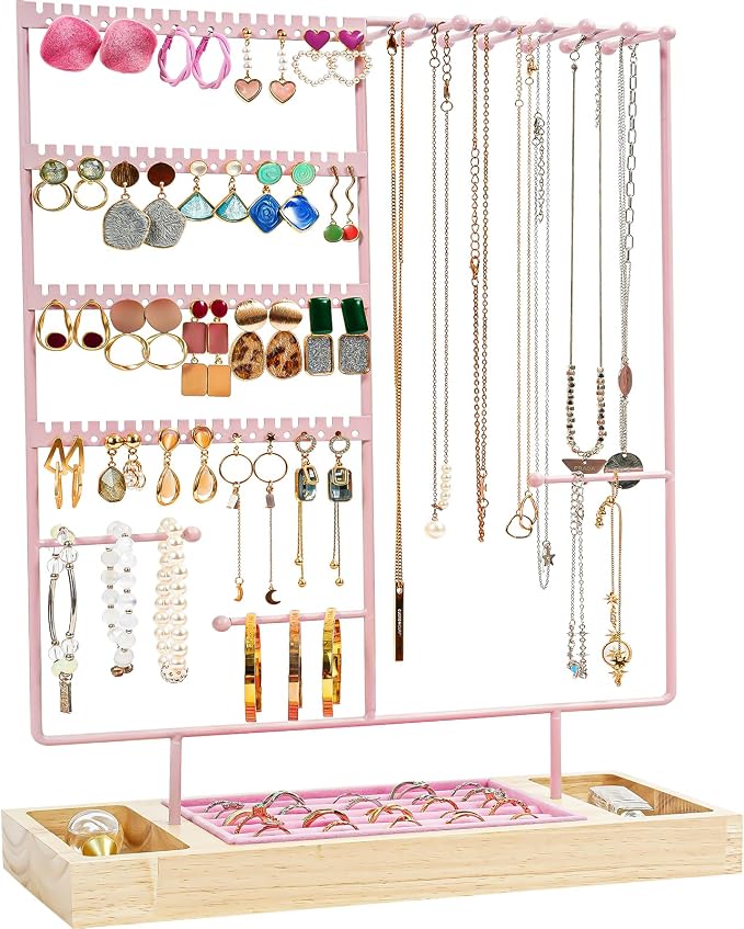 ProCase Jewelry Organizer Stand Earring Holder Organizer, 6 Tiers Earring Organizer Tree Necklace Rack Jewellery Tower Bracelets Holder Storage with Removable Wooden Ring Tray for Women Girls -Pink