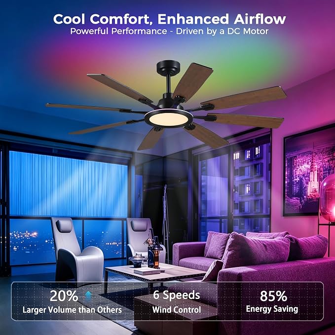 Ceiling Fan With Light & Remote Indoor/Outdoor Use 60 Inch RGB Brown | Remote Control,RGB Dimmable,Reversible DC Motor,3CCT,Timer,Noiseless,Ceiling Fan for Bedroom Living Room