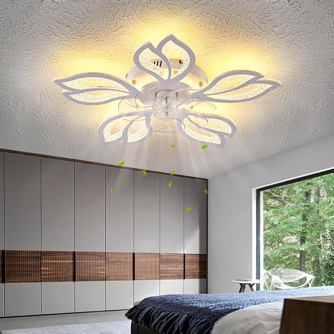 25" White Modern Geometric Ceiling Fan with Lights, 3 Light Color 6 Speeds Flush Mount Low Profile Ceiling Fan for Bedroom Kitchen