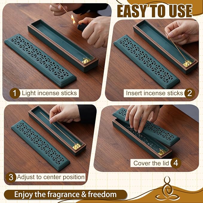 CEREMONY Incense Holder for Sticks, Ceramic Insence-Stick Holder Ash Catcher, Incense Holder Timkburner for Meditation Yoga Spa Room Incense Holder (Lever Green)